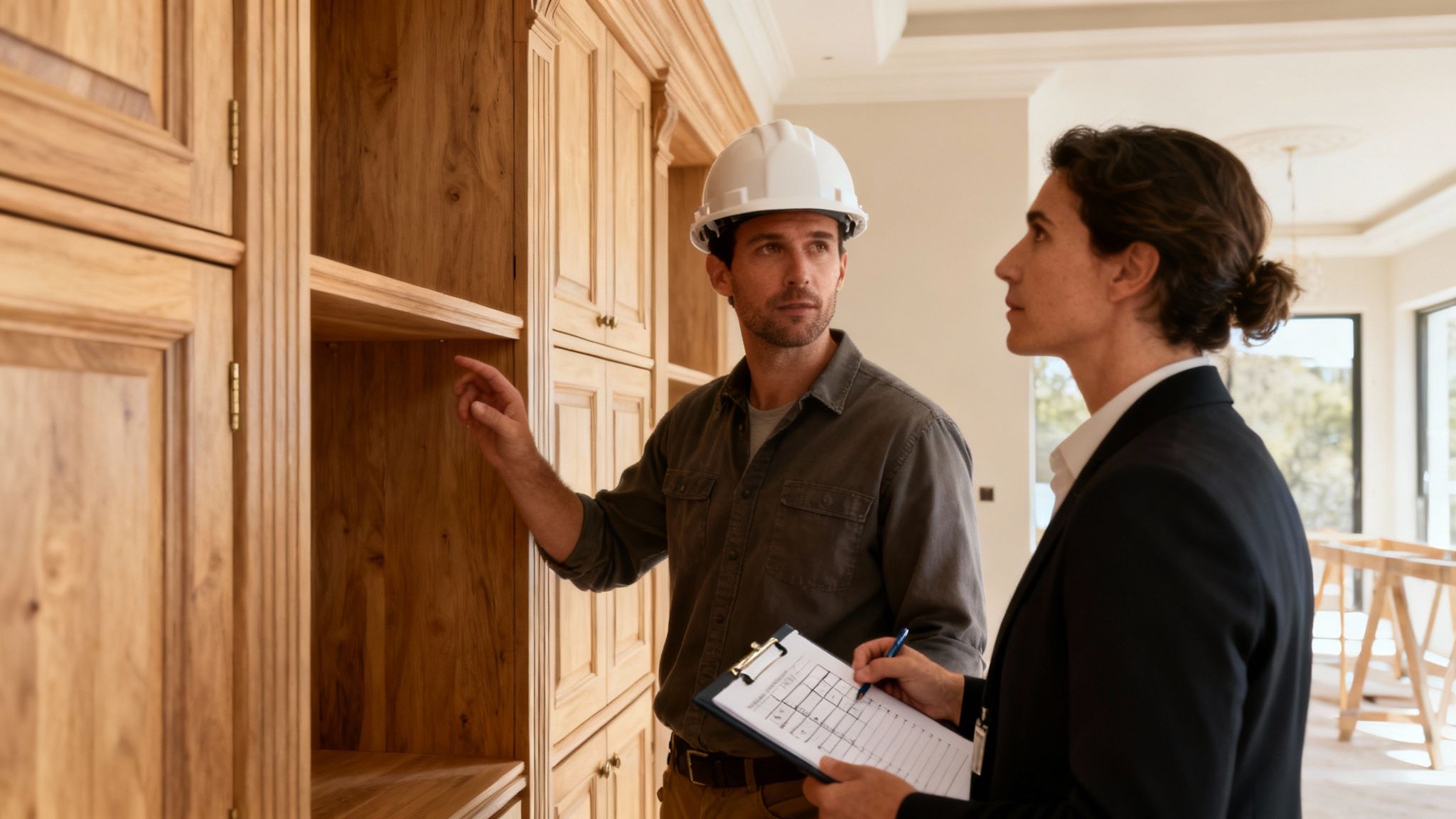 Construction professional in hard hat discussing luxury home cabinetry details with client holding clipboard