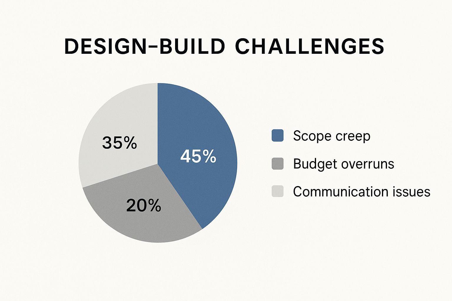 Infographic showing common design-build challenges: Budget overruns at 35%, Scope creep at 45%, and Communication issues at 20%.