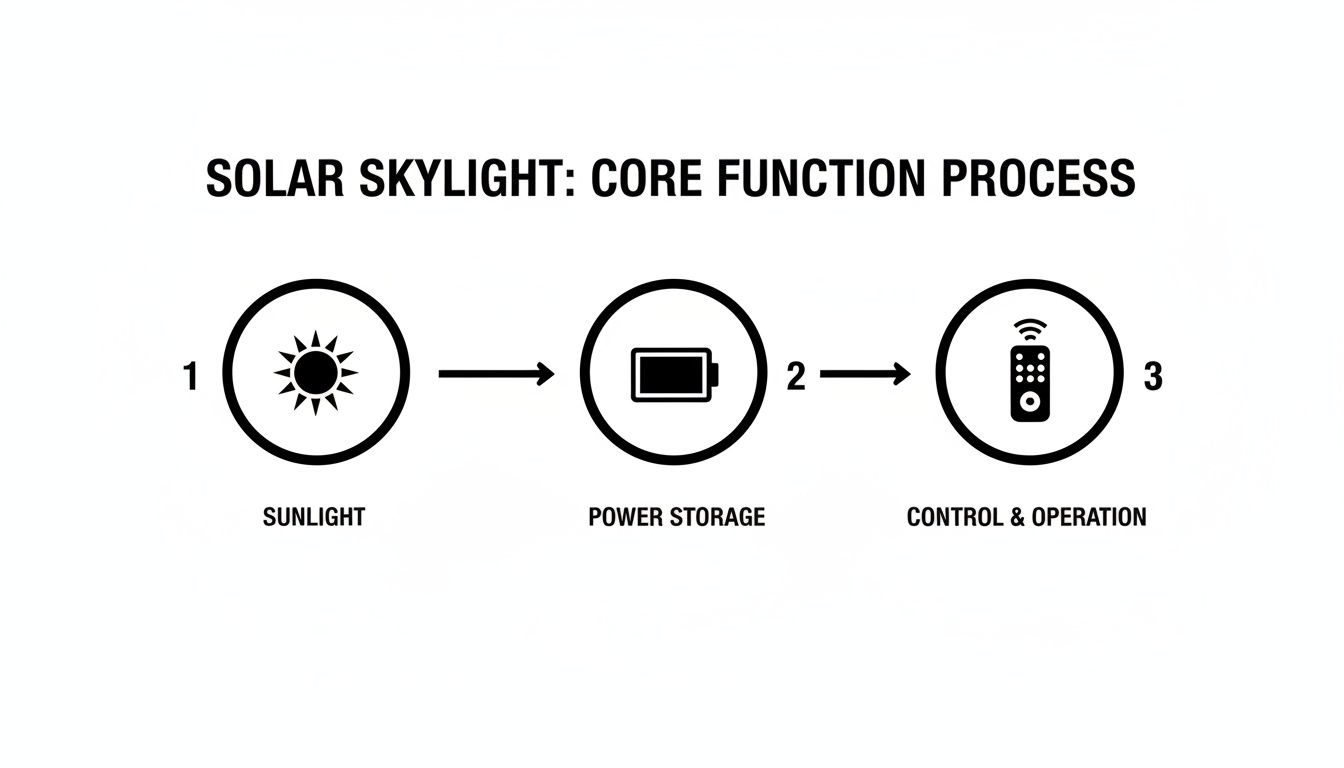 Diagram illustrating the solar skylight core function process: sunlight to power storage to control and operation.