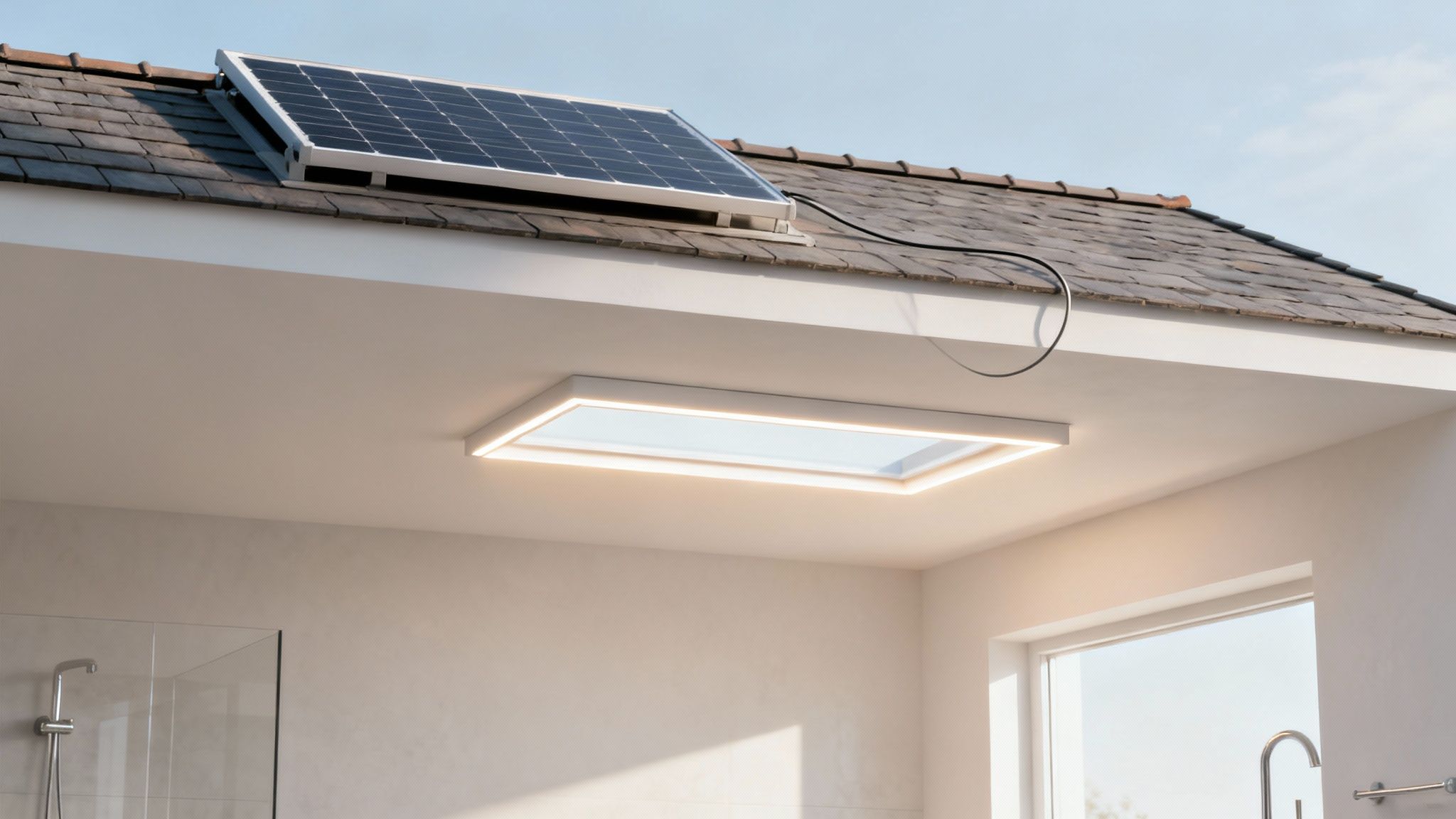A modern living room ceiling with a square LED solar skylight providing bright, natural-looking light.