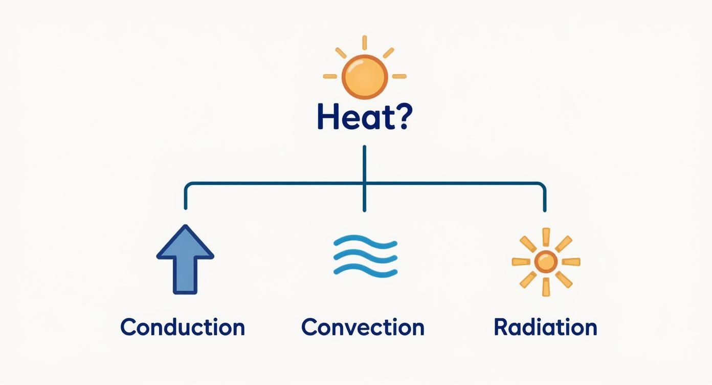 Infographic decision tree showing the three types of heat transfer: conduction, convection, and radiation.