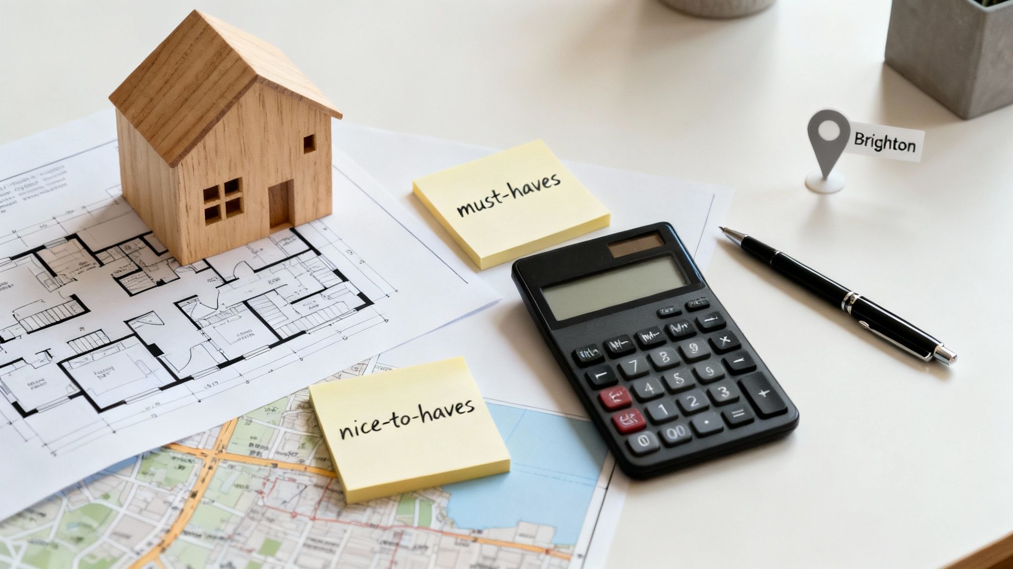 Architectural blueprint with a calculator and pen, symbolising the planning and budgeting phase of a custom home build.