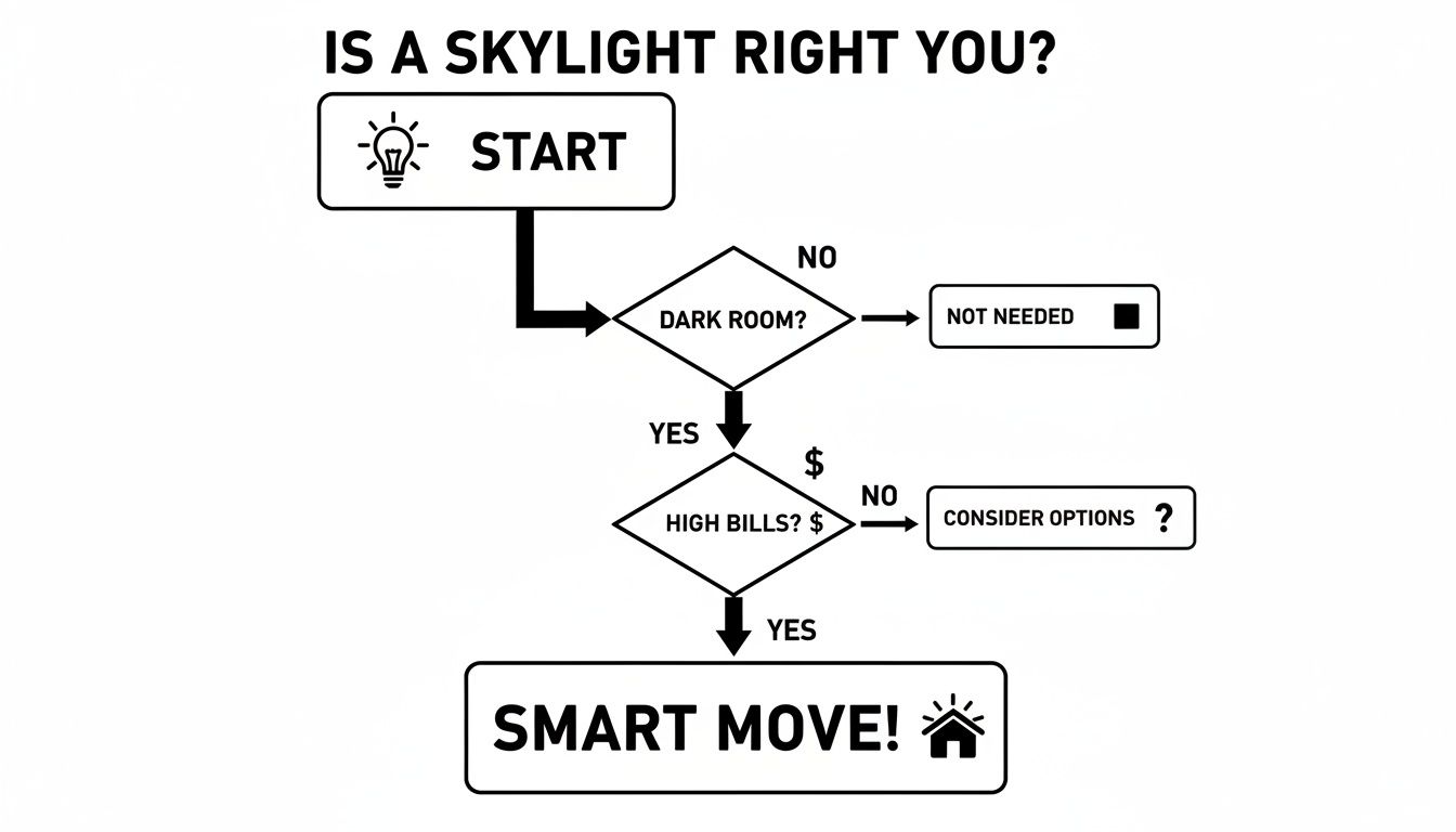 A flowchart guiding users on whether a skylight is right for them based on dark rooms and high bills.