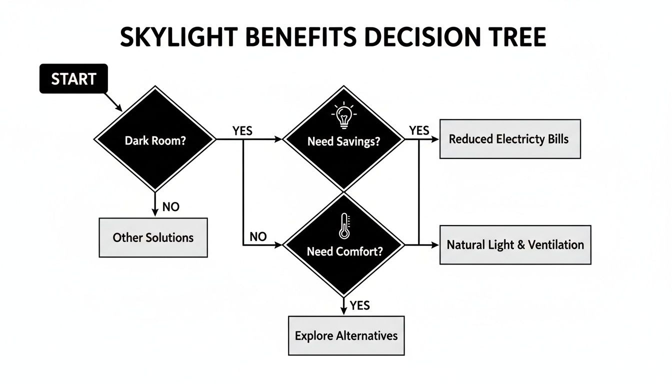 Decision tree illustrating skylight benefits, guiding users through choices like energy savings and natural light.