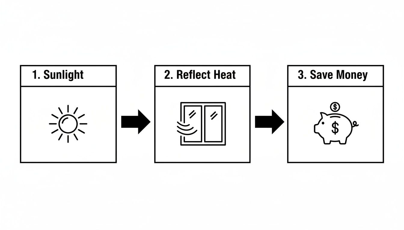 Diagram showing sunlight being reflected by a window to save money, illustrating energy efficiency.