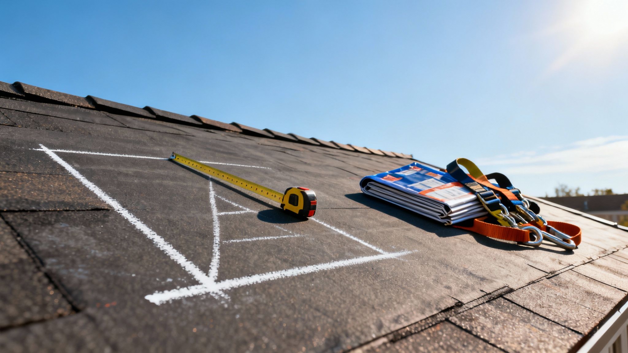 Tape measure, safety harness, and chalk outlines on a dark shingle roof under a blue sky.