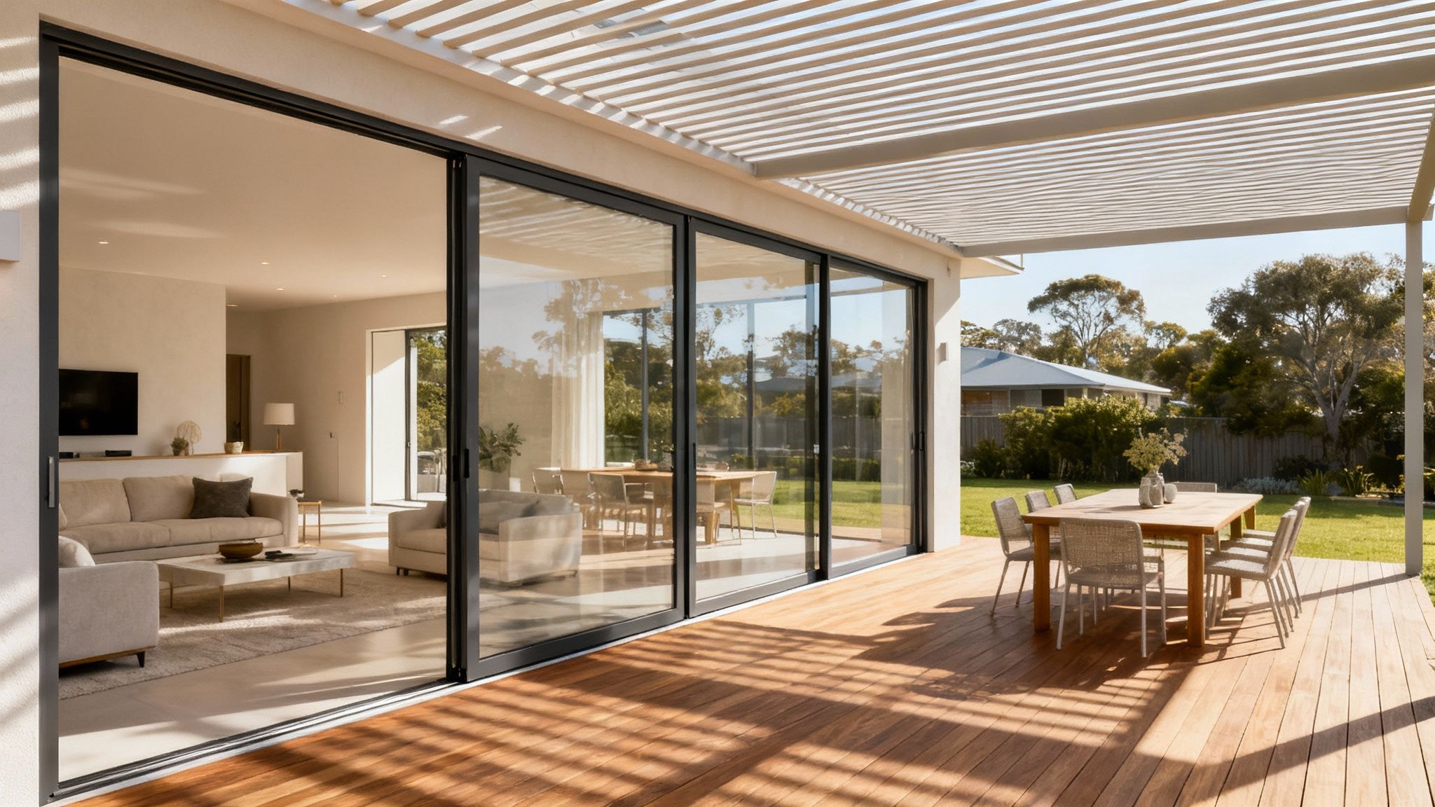An expansive open-plan living area with large glass doors that open fully to a covered outdoor patio and pool, blurring the line between inside and out.