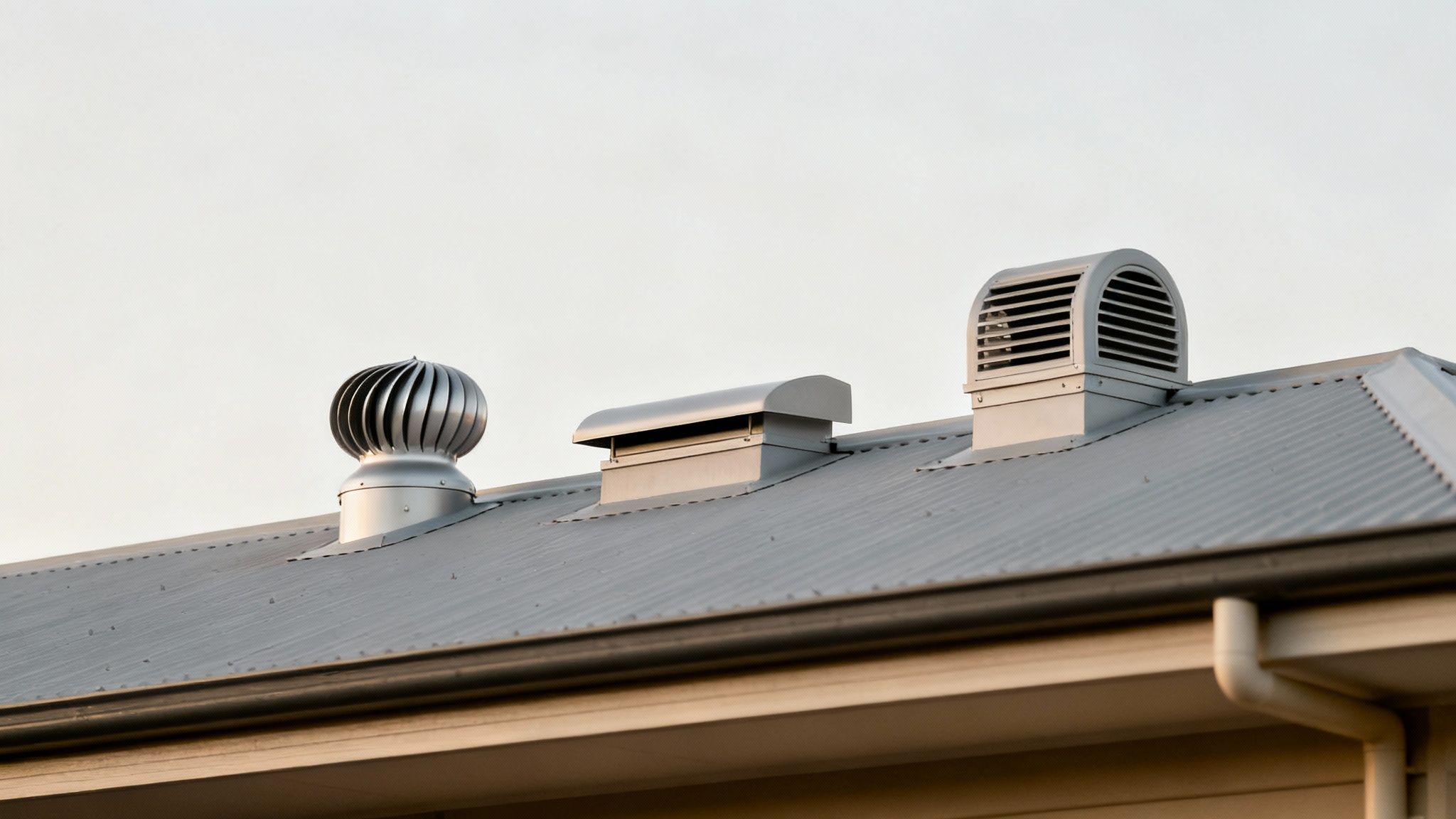A modern home's roof showcasing different ventilation options under a clear sky