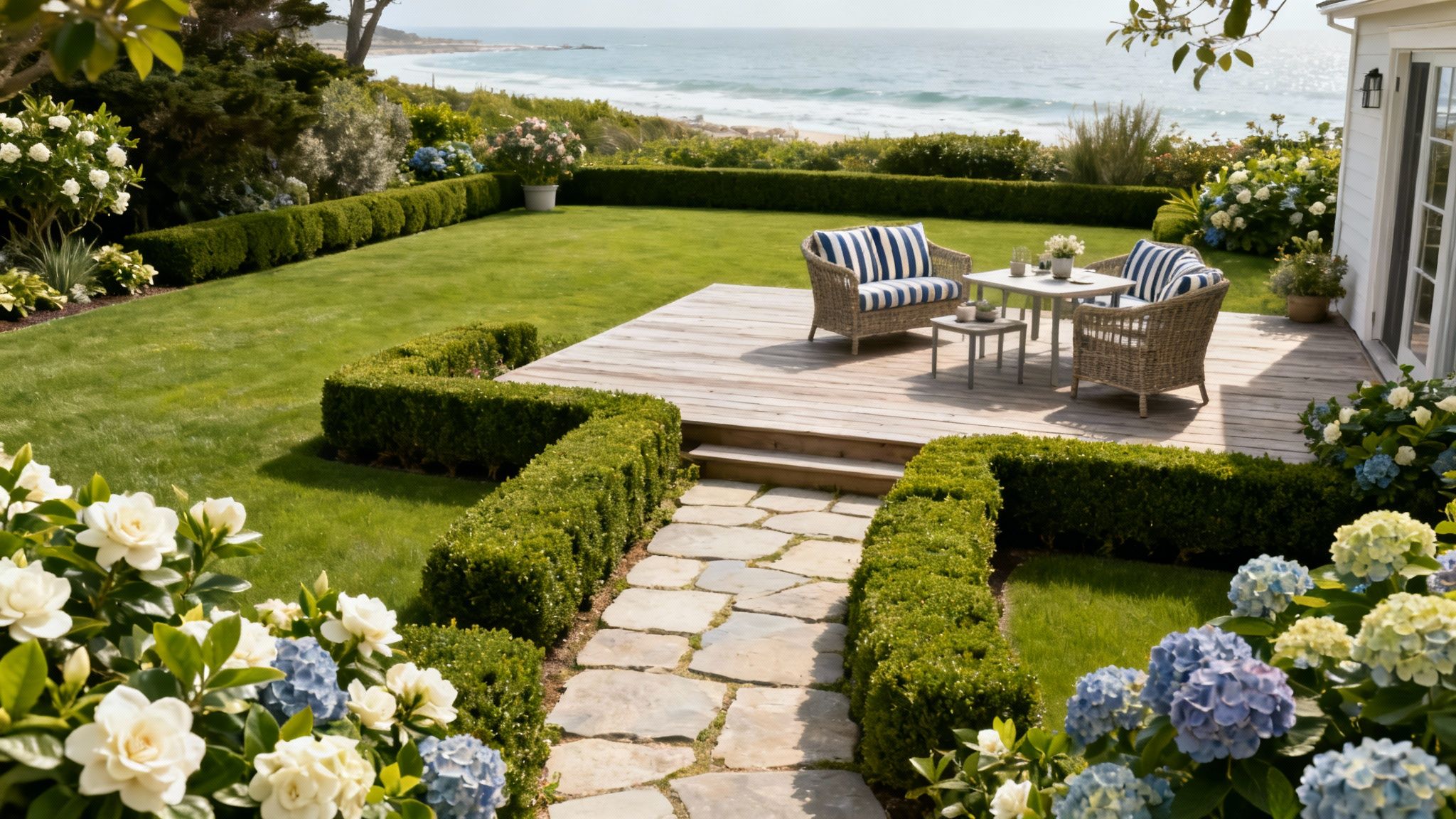 Beautiful Hamptons style garden with white hydrangeas, manicured lawn, and a stone pathway.