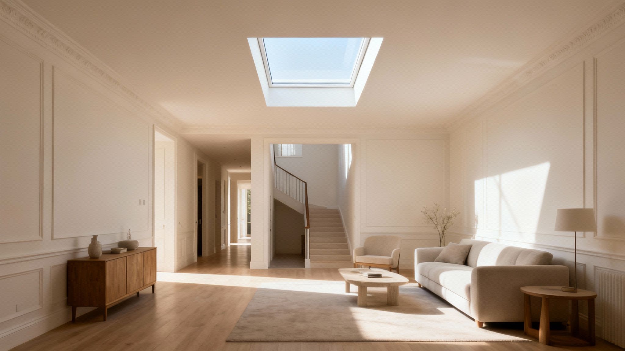 Sunlit modern home interior with a large skylight, white walls, and warm wooden accents.