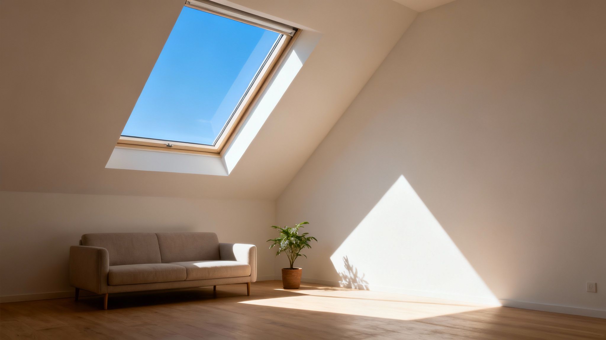 A bright attic room with a large skylight showing a blue sky, a sofa, and a plant.