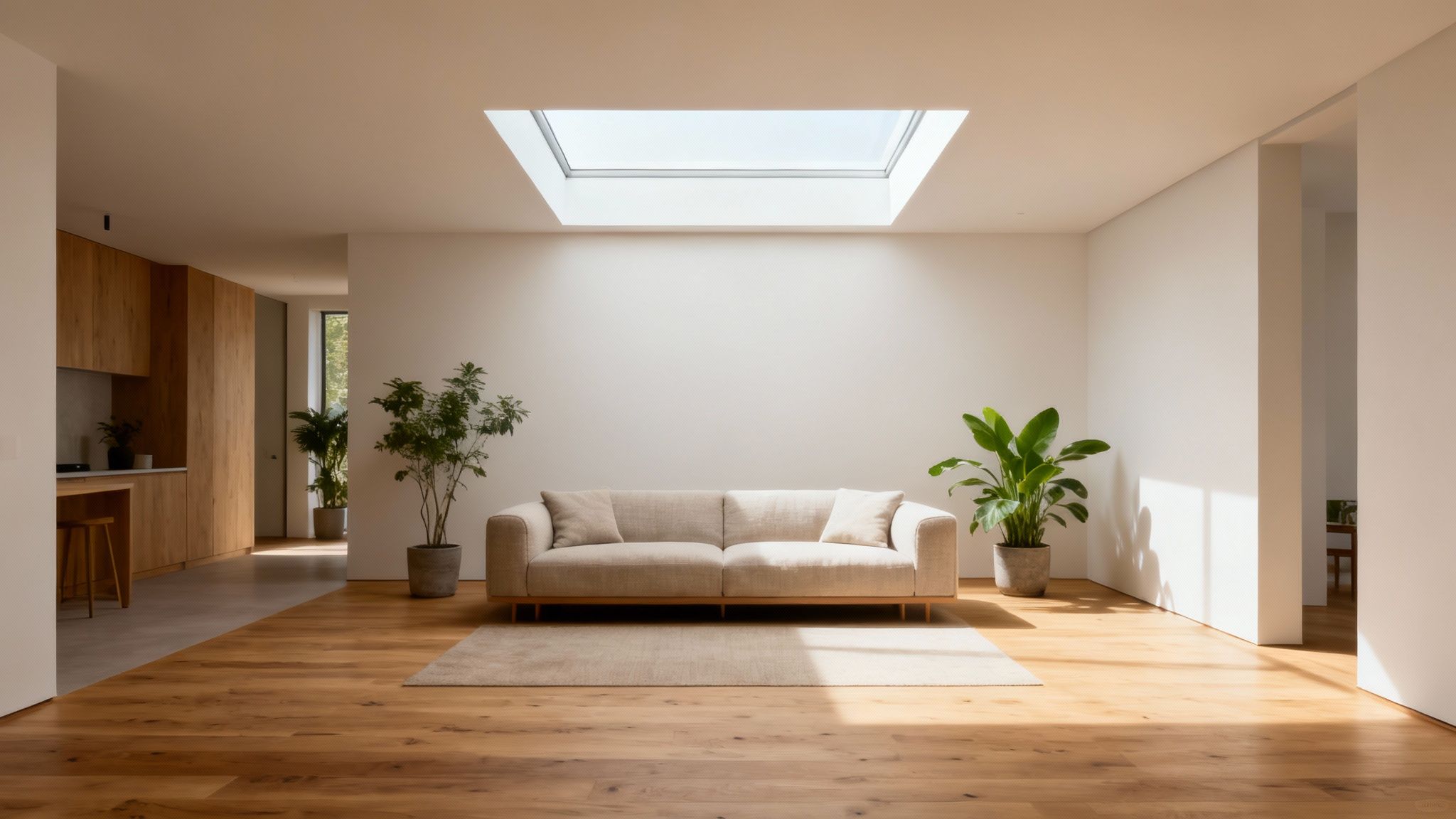 A bright living room filled with natural light from large skylights, highlighting wooden furniture and green plants.
