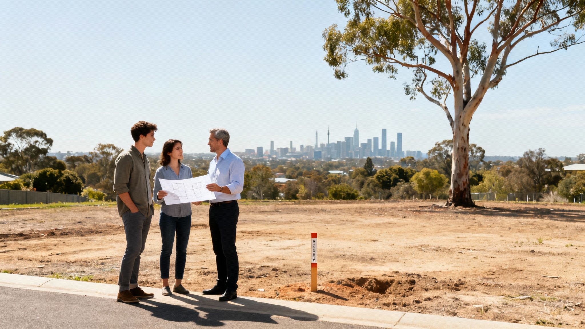 Couple reviewing building plans with home builder on vacant land with Melbourne city skyline background
