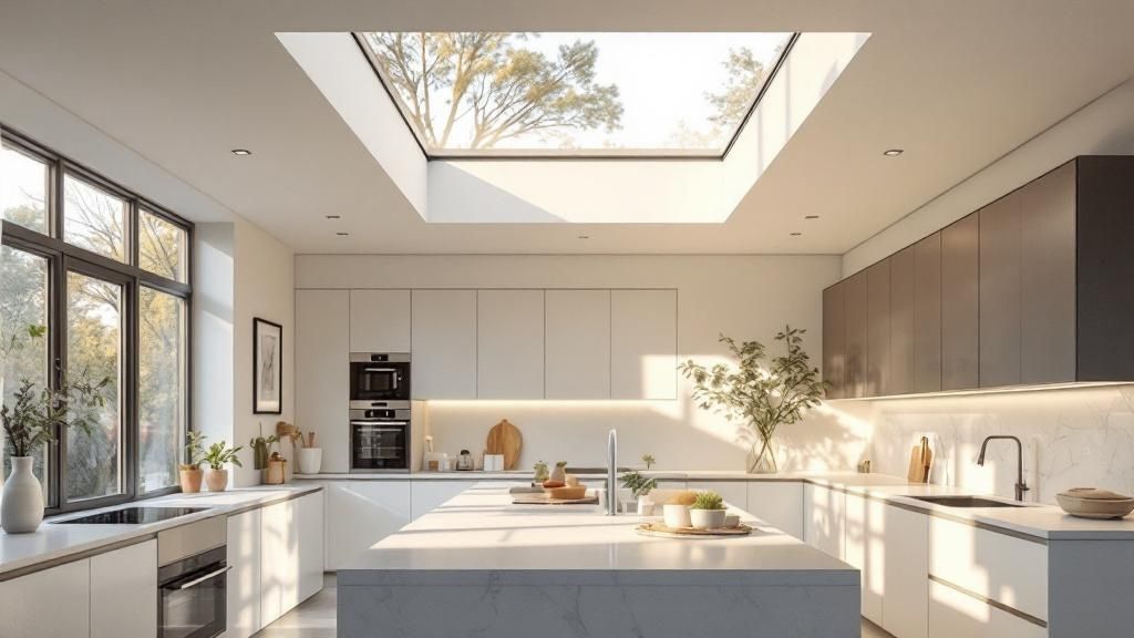 A bright kitchen with a skylight