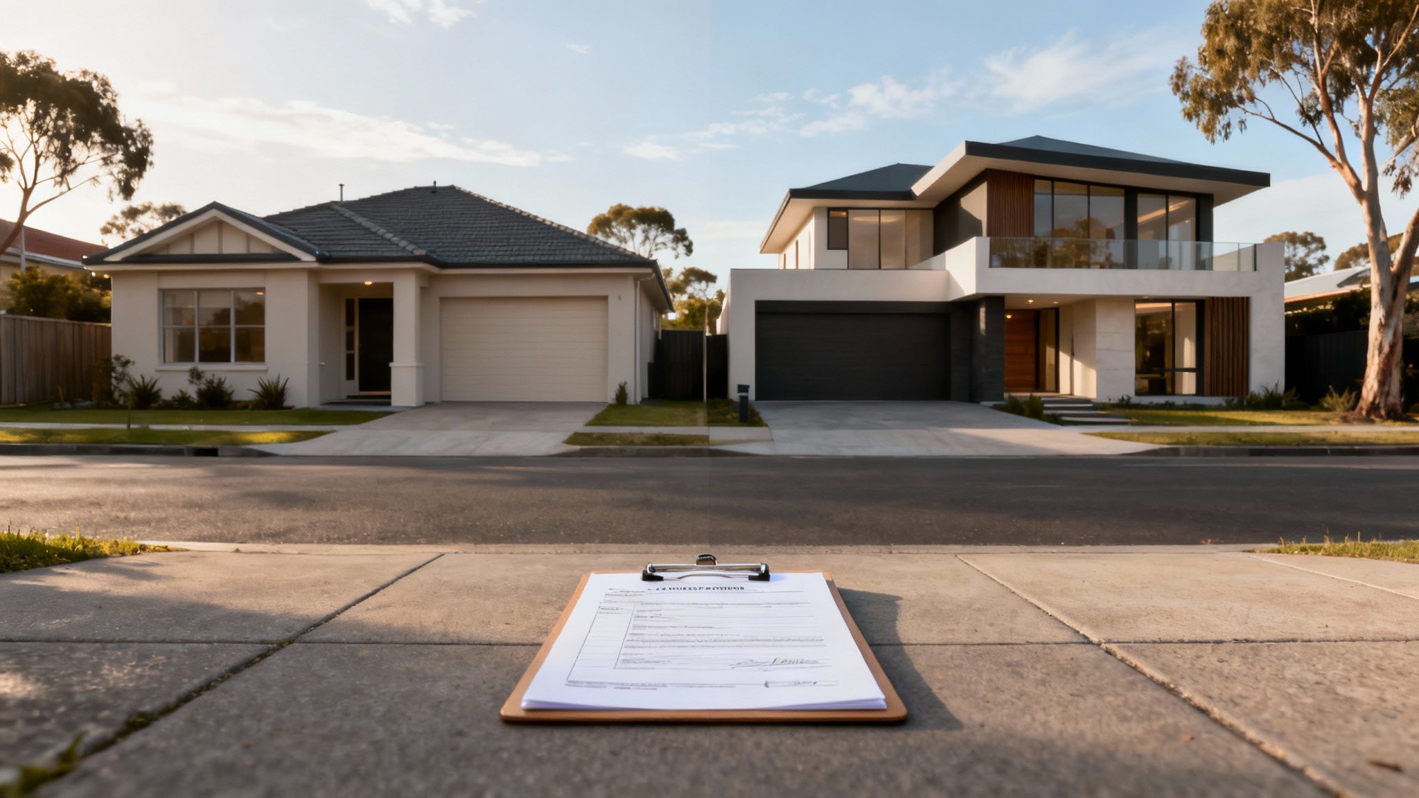 Clipboard with contract on street comparing traditional single-story home and modern two-story home