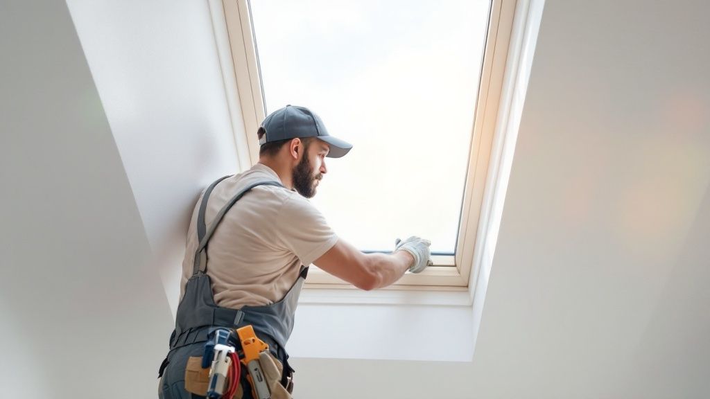 A worker installing a narrow skylight.