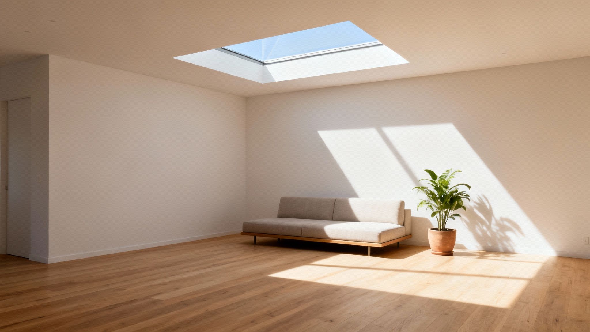 Modern minimalist living room with a skylight, light wood floor, a sofa, and a potted plant, bathed in sunlight.