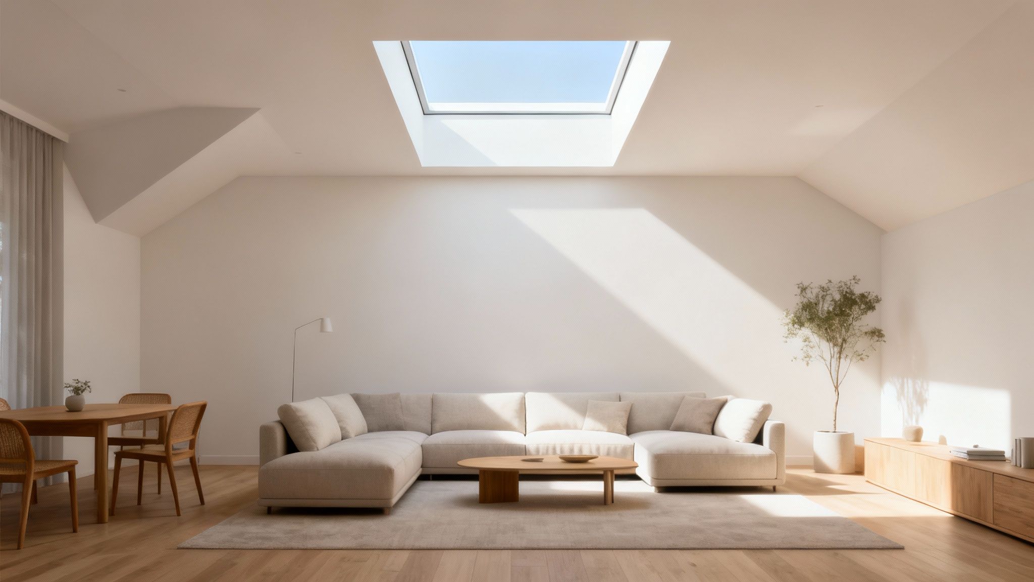 A spacious, minimalist living room features a skylight, light-colored sectional sofa, and a wooden dining set.