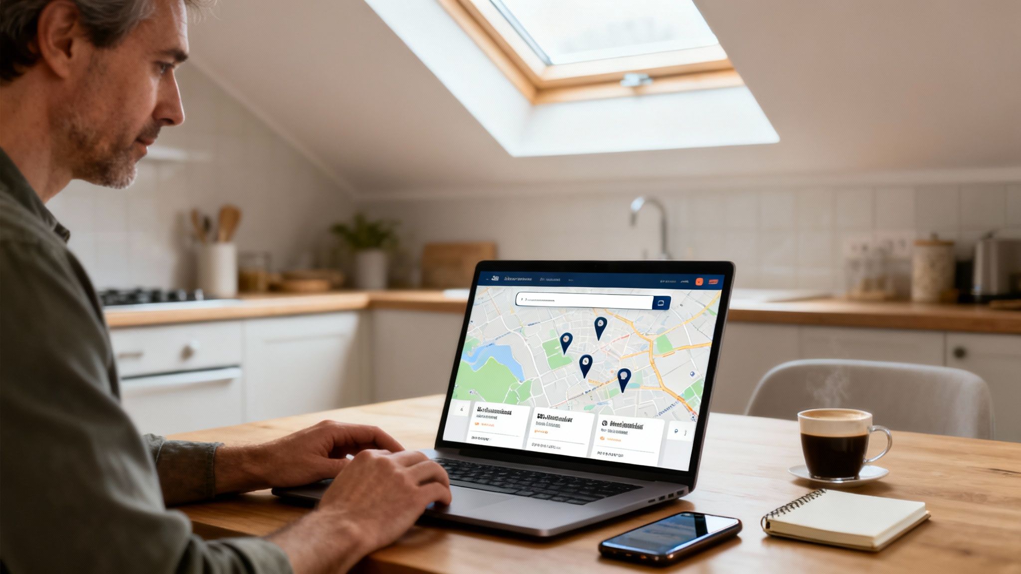 A man uses a laptop to search for skylight installers on a map, with a coffee and phone nearby.