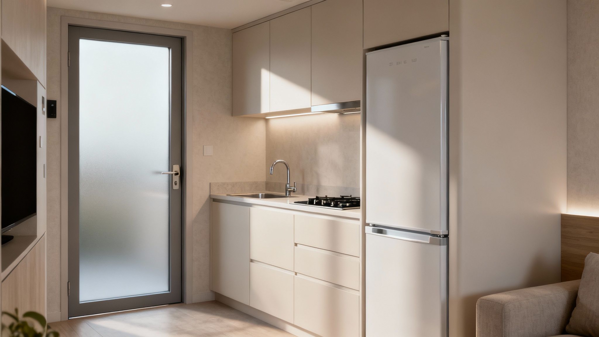 A cosy, self-contained living unit in a converted garage with a small kitchenette and seating area.