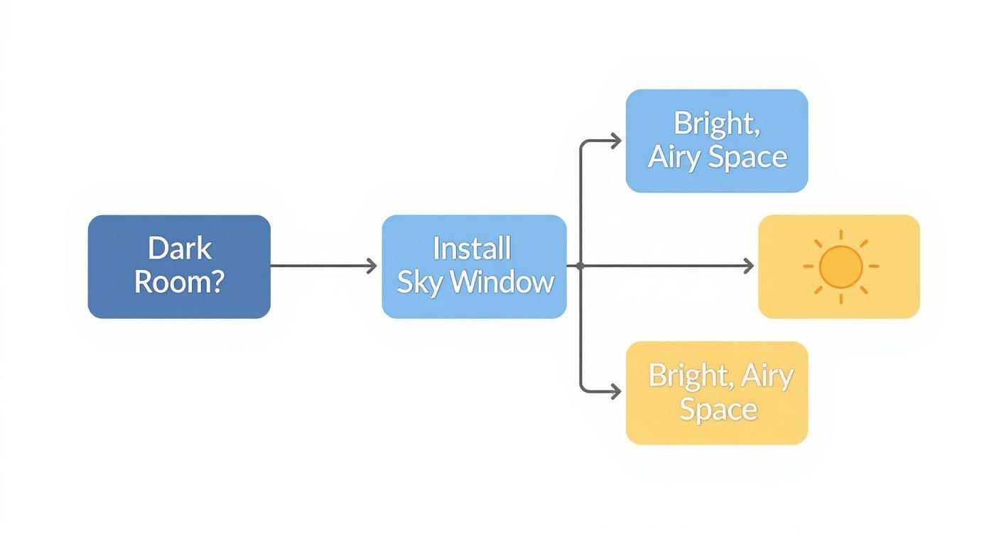 Flowchart illustrating how installing a sky window transforms a dark room into a bright, airy space with natural sunlight.