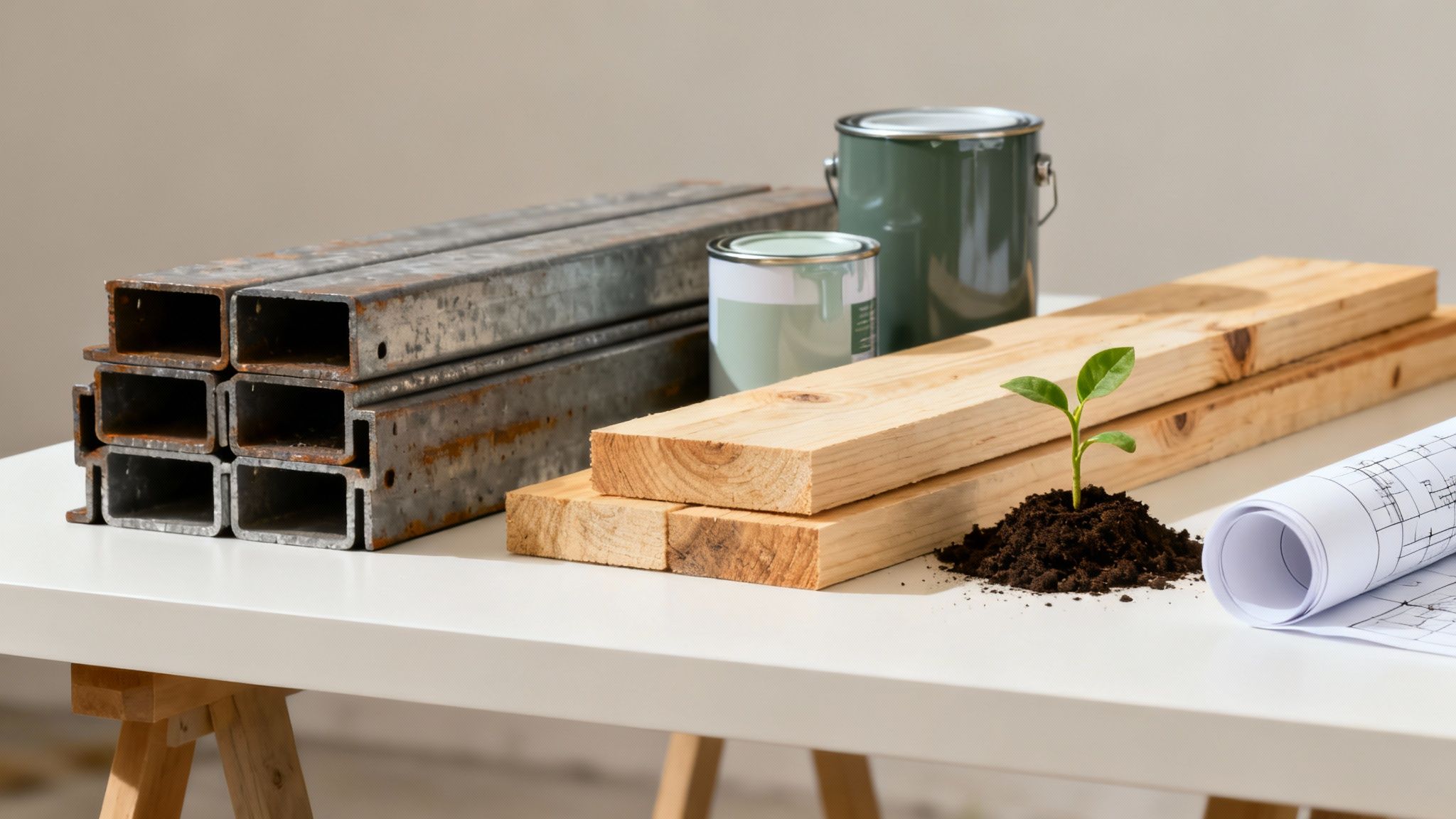 Timber frame of a house being constructed against a blue sky, representing sustainable building materials.