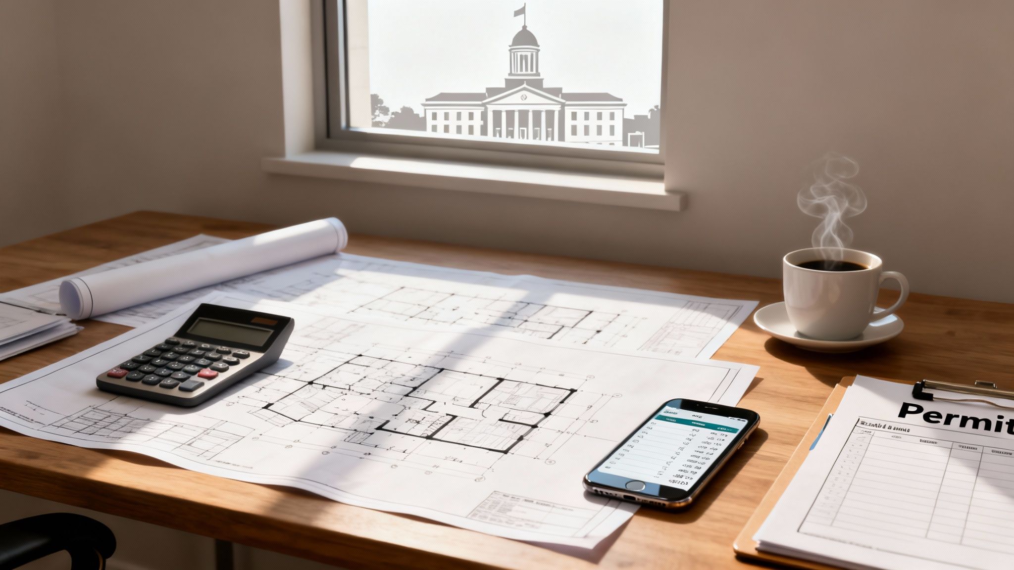 Architectural blueprints, calculator, smartphone, coffee, and permit documents on a wooden desk with a building view.