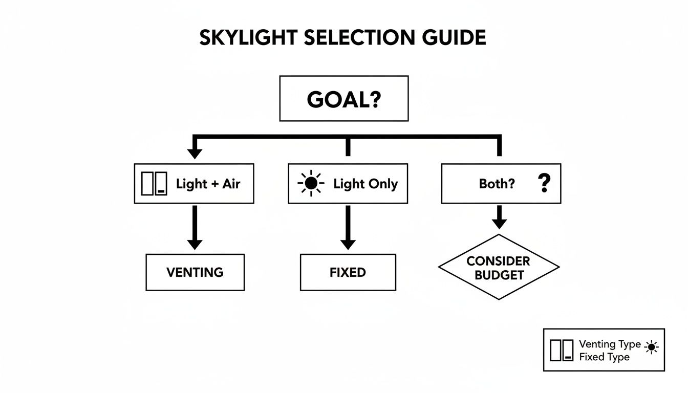 Flowchart guiding skylight selection based on desired light, air, and budget, recommending venting or fixed types.