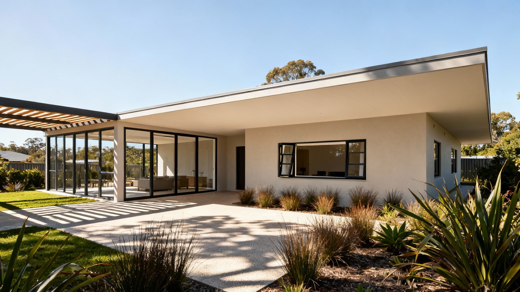 A modern, energy-efficient home with large windows facing the sun