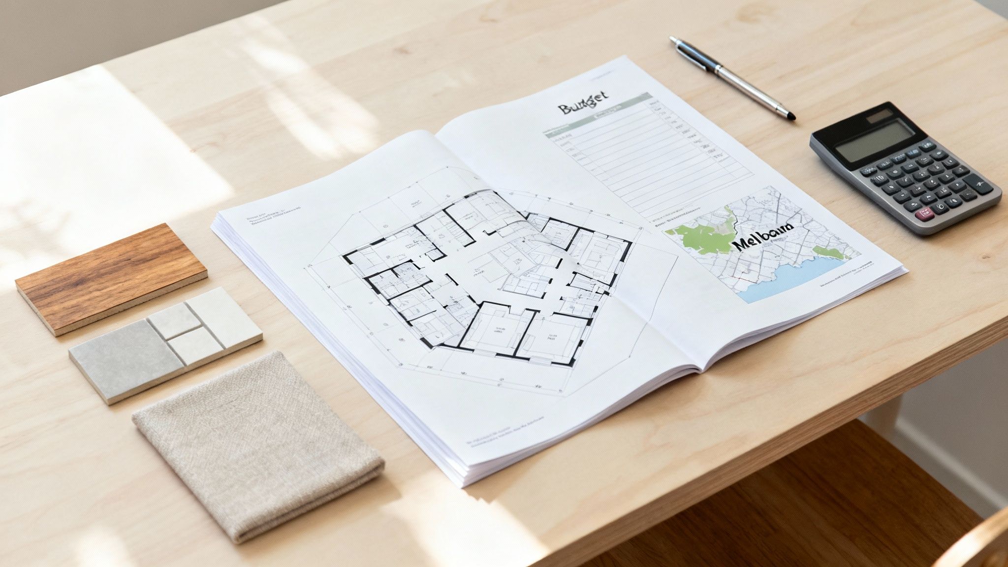 Melbourne home construction planning materials including floor plans, budget spreadsheet, map, material samples and calculator