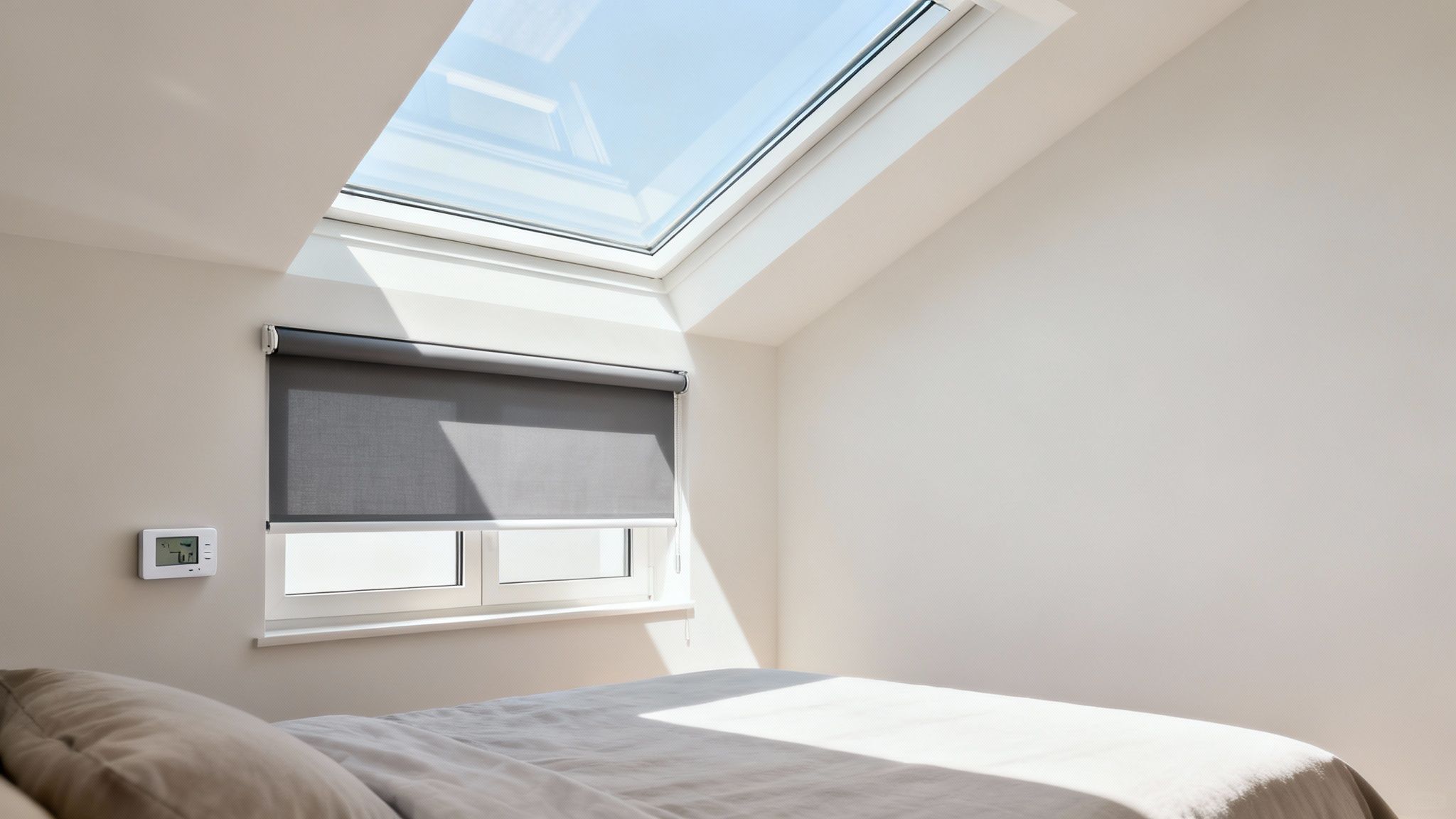 A bright bedroom with a skylight and a view of trees, showcasing energy efficiency.