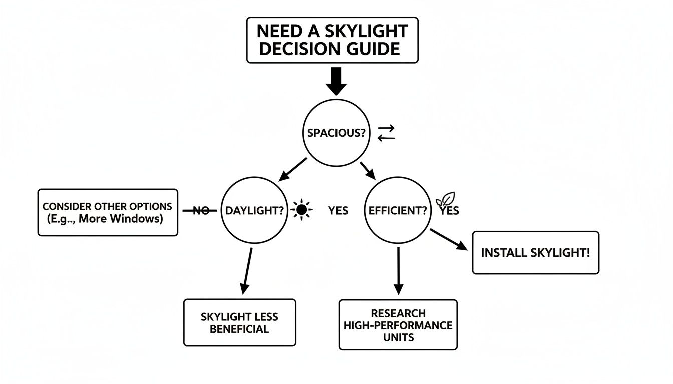 A decision guide flowchart for installing a skylight, evaluating factors like space, daylight, and efficiency.
