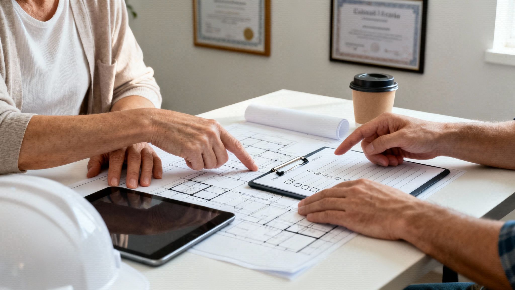Two people reviewing architectural blueprints and floor plans during luxury home building consultation meeting
