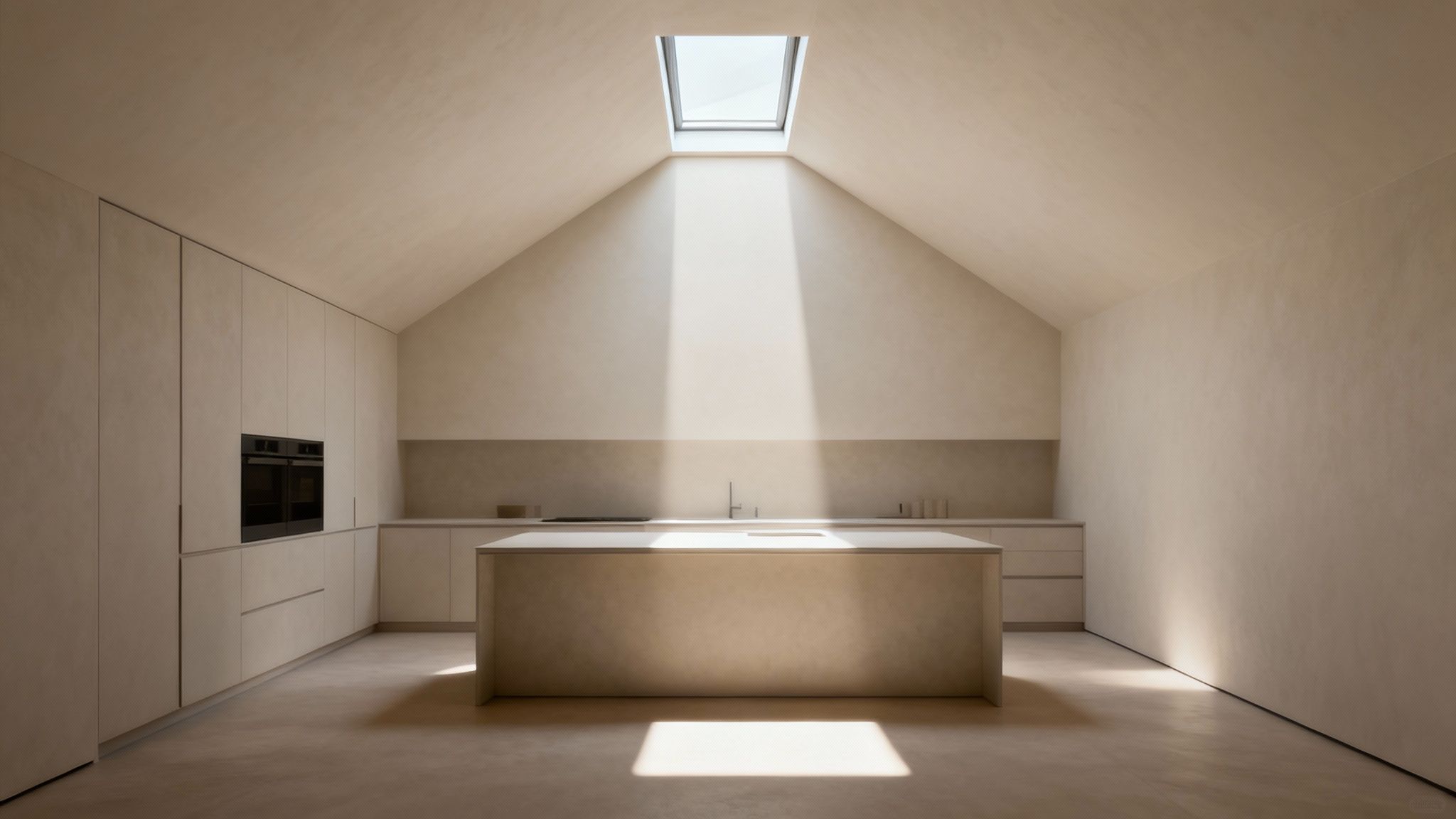 A modern living room with a pitched roof featuring a large skylight over the seating area, casting bright, natural light into the space.