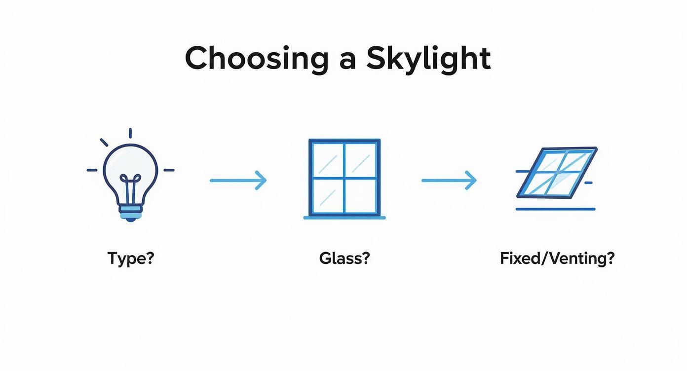 Infographic outlining the steps to choose a skylight, covering type, glass, and fixed or venting options.