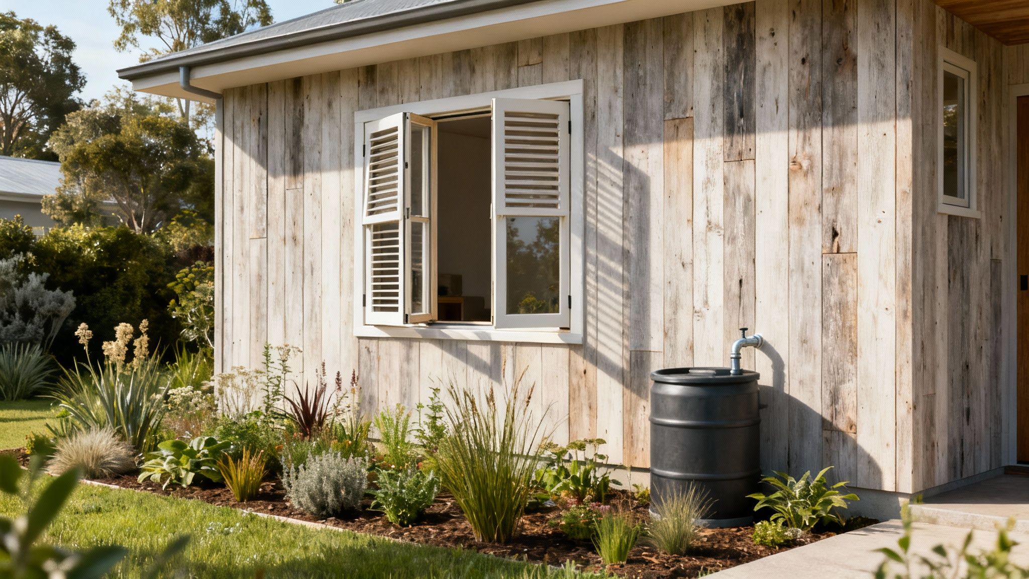 A modern home interior featuring natural wood, large windows, and numerous indoor plants.