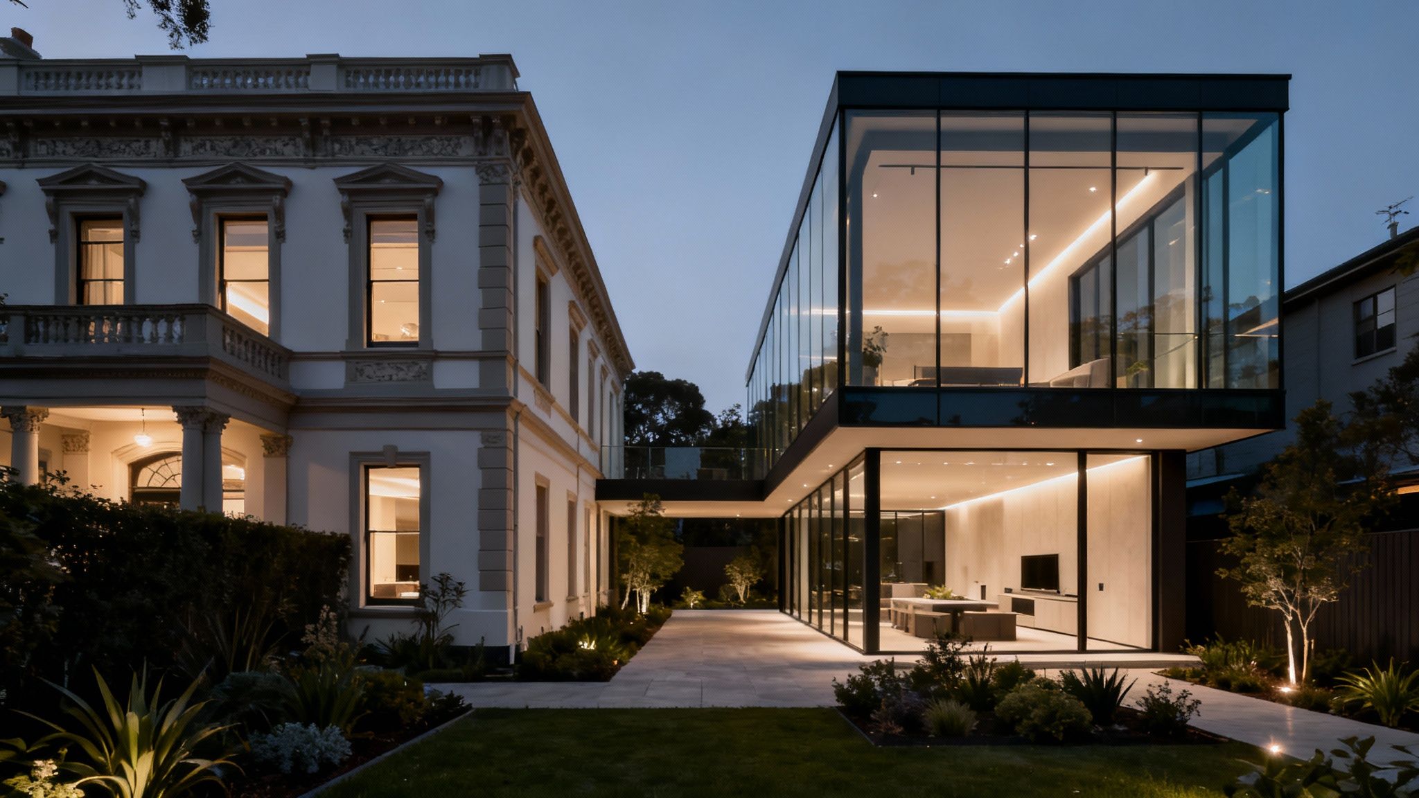 Elegant classic mansion connected to a modern glass house by a walkway, illuminated at dusk.
