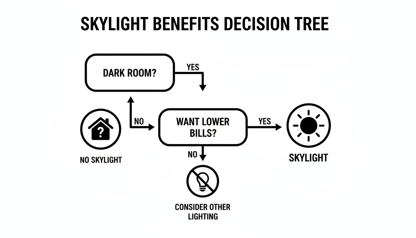 A decision tree flow chart about skylight benefits for dark rooms and lower energy bills.