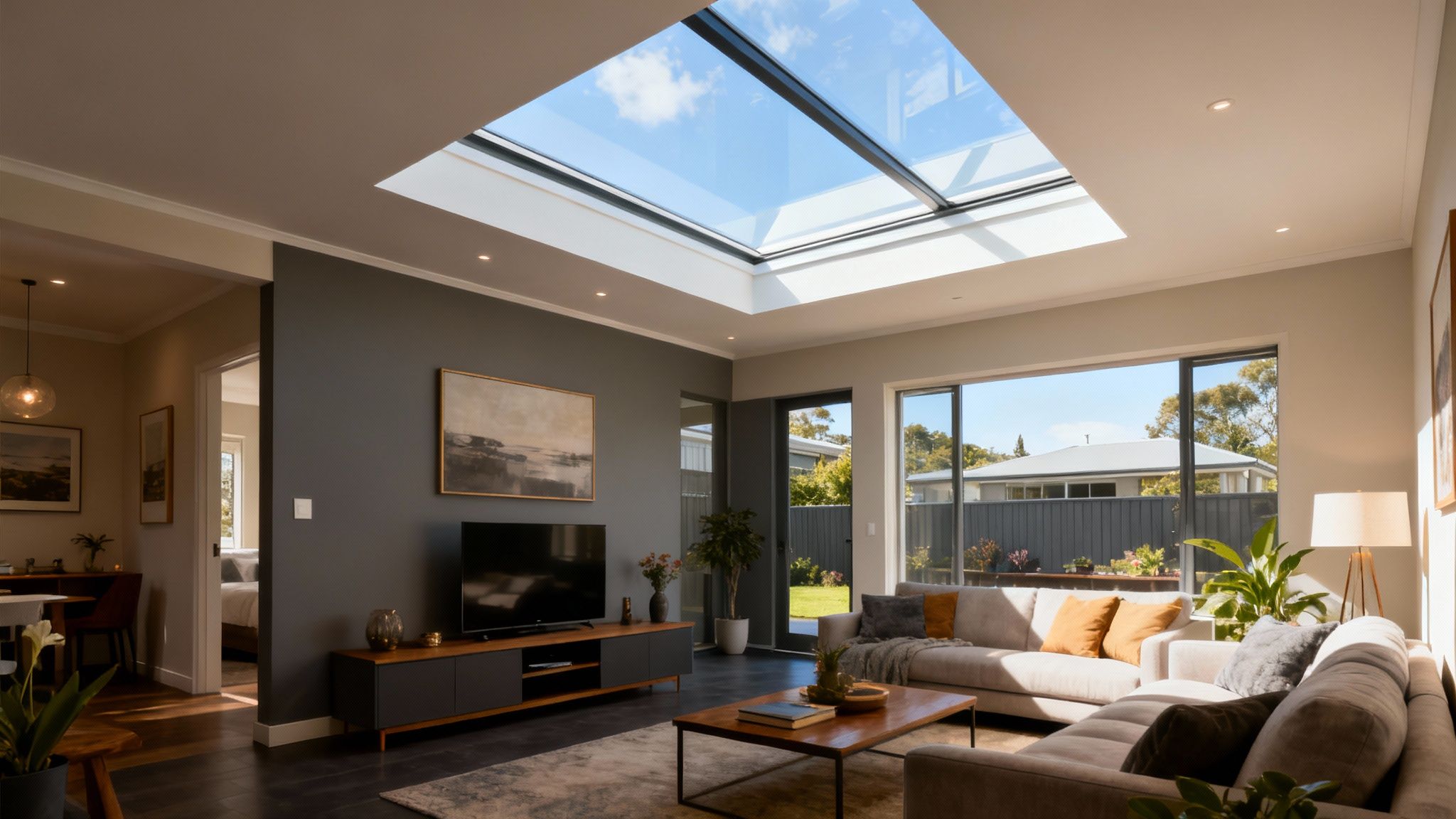 Modern living room with a VELUX skylight installed on a flat roof, filling the space with natural light