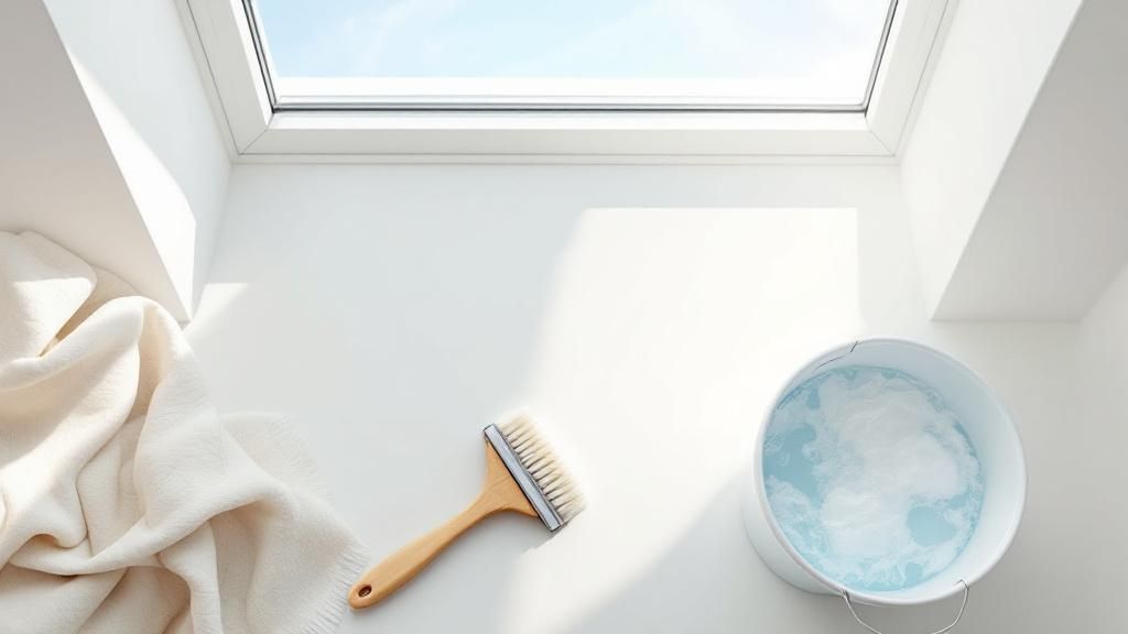 Person cleaning a skylight