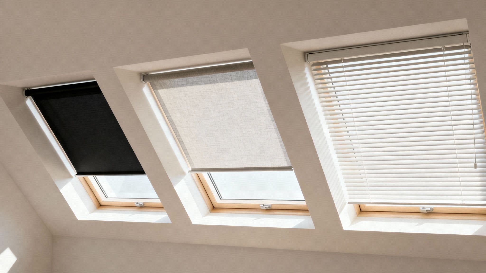 An elegant living room featuring a large skylight fitted with modern blinds, casting soft light across the space.