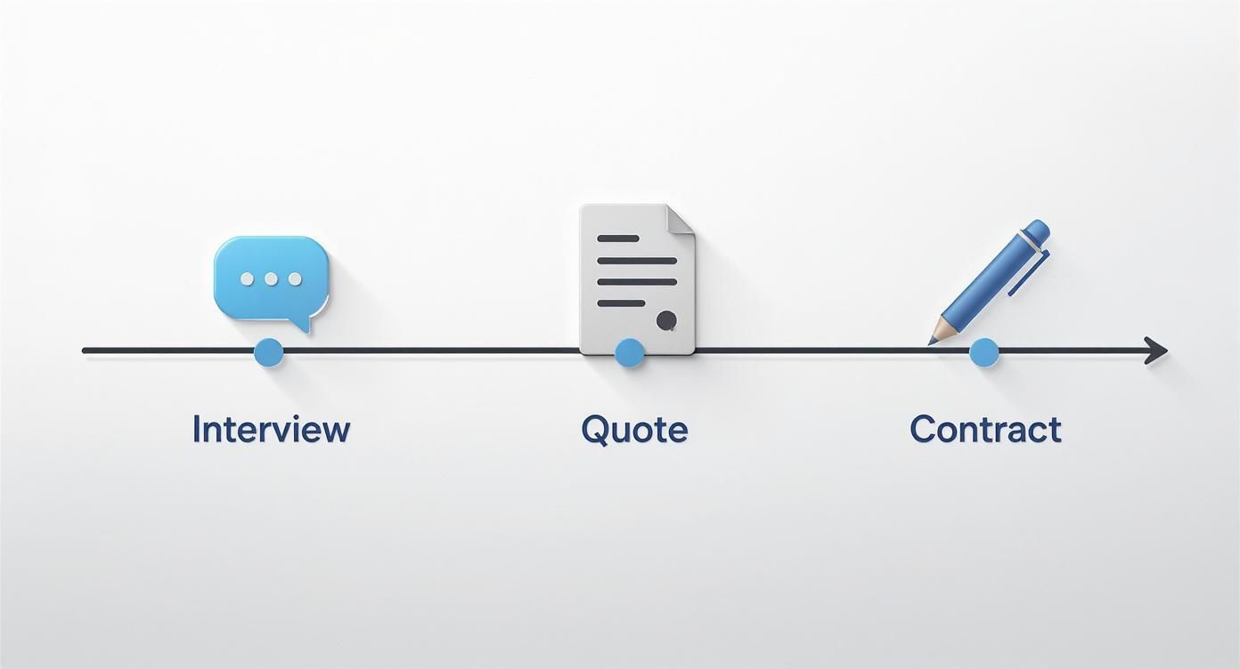 Three stage business process timeline showing interview quote and contract phases with icons