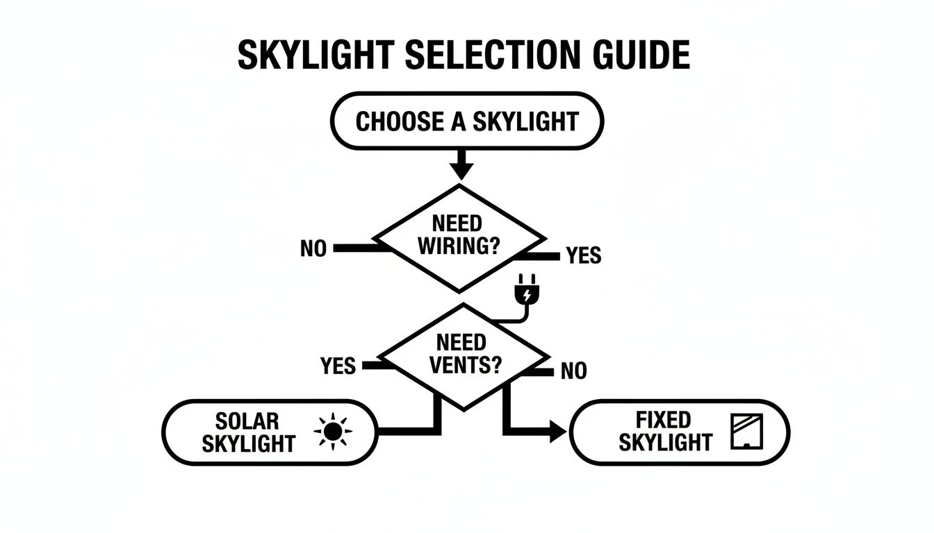 Flowchart for selecting a skylight, based on needs for wiring and vents, leading to solar or fixed options.