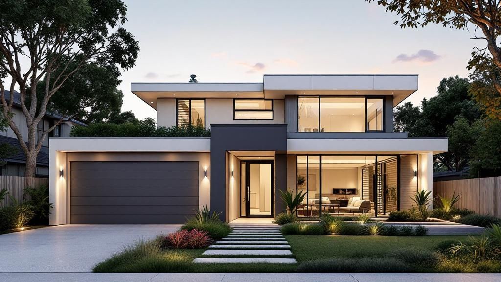 A newly built modern home in a suburban Melbourne street, showcasing the final result of a knockdown rebuild project.