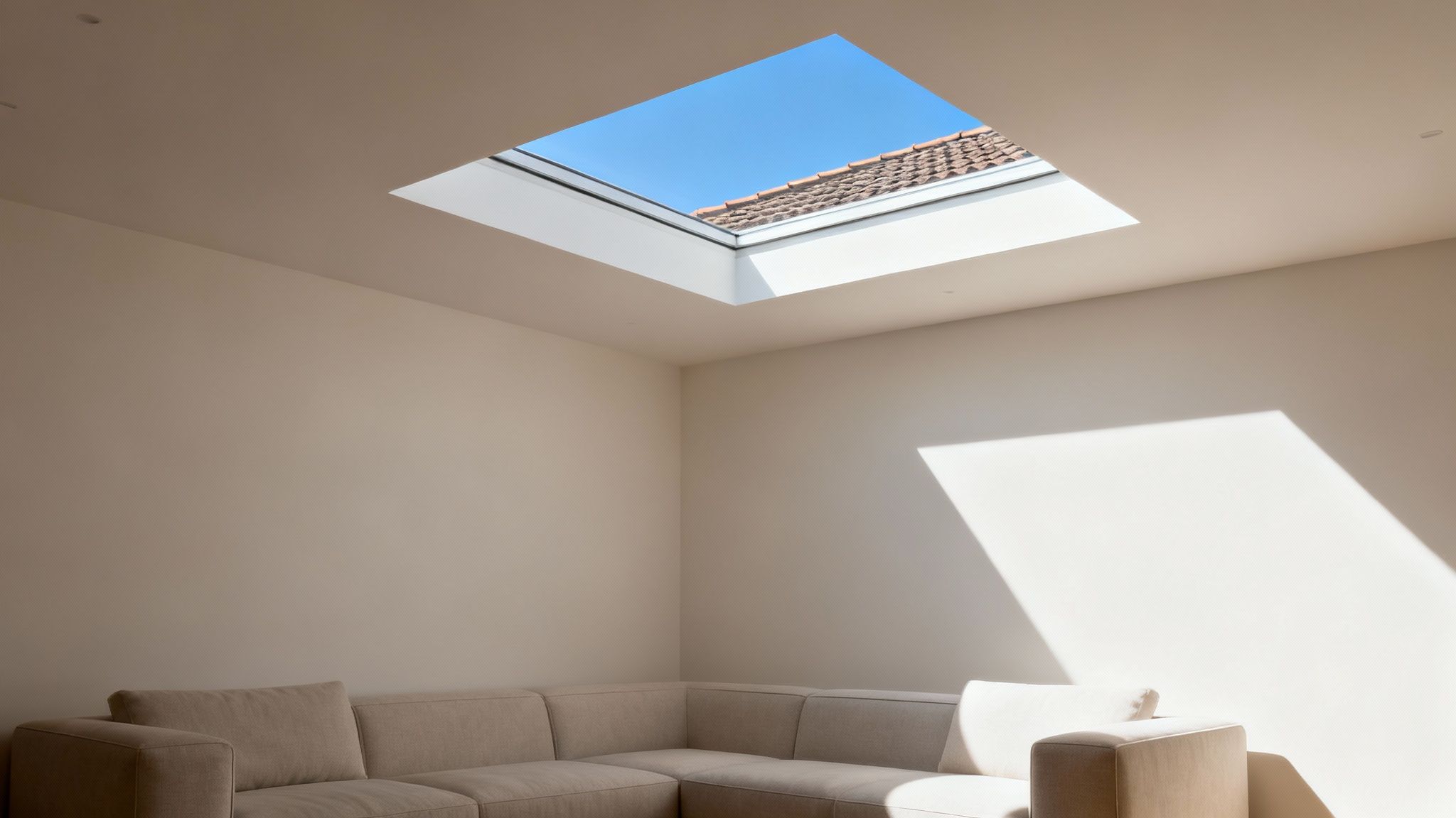 Modern living room with a large rectangular skylight illuminating the neutral-toned sectional sofa and walls.