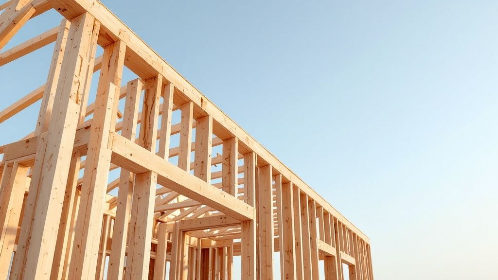 A home's timber frame being constructed on a concrete slab foundation