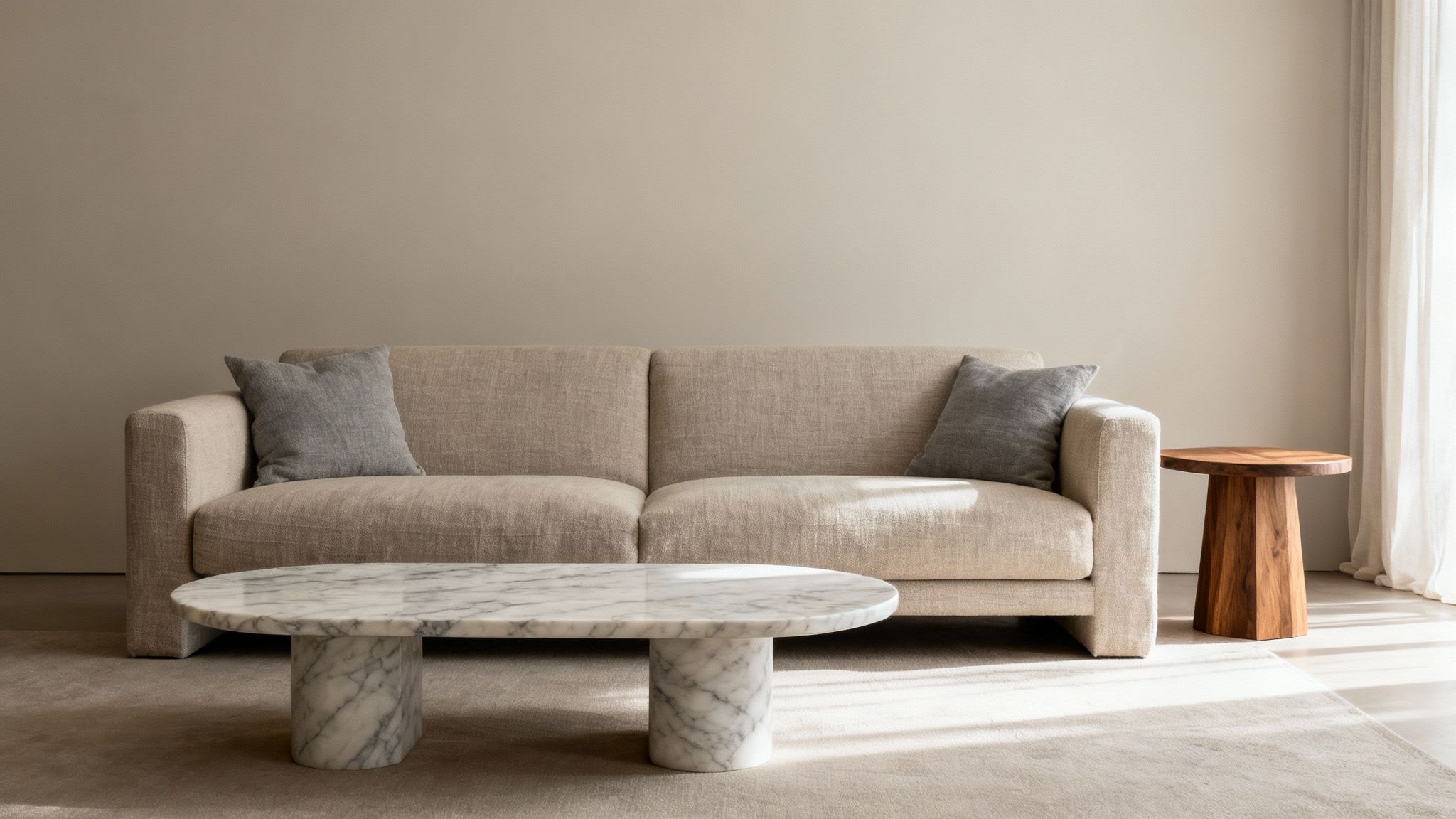 A serene living room showcasing quiet luxury with neutral tones, high-quality natural materials, and minimalist furniture.