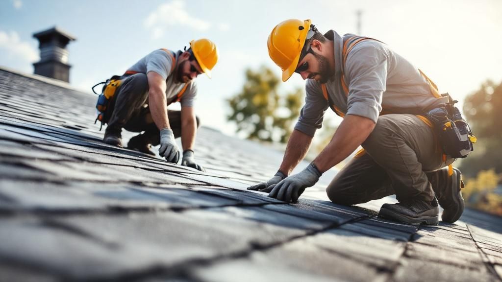 Two professional roofers in safety gear inspecting a residential roof.
