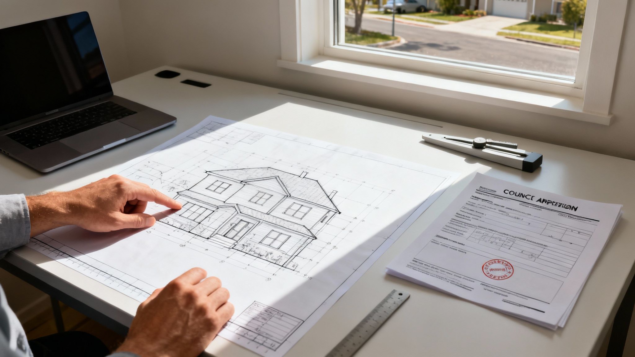 Architectural blueprints and design tools on a wooden desk