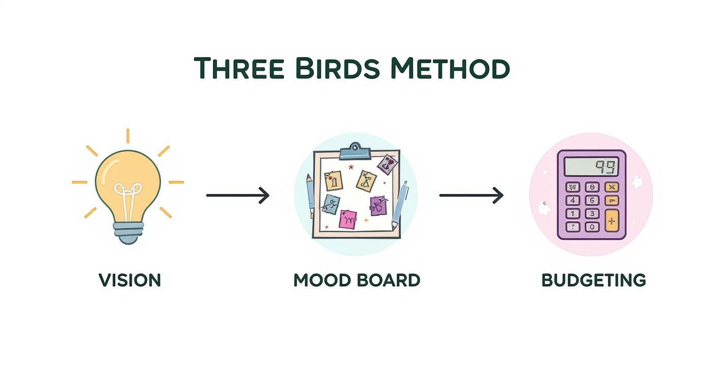 Diagram showing the Three Birds Method steps: Vision (lightbulb), Mood Board, and Budgeting (calculator).